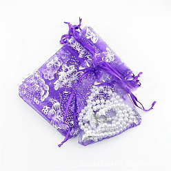 Medium Purple Rectangle Printed Organza Drawstring Bags, Silver Stamping Butterfly Pattern, Medium Purple, 12x10cm