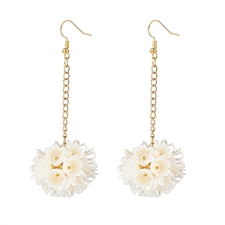 White ABS Plastic Imitation Pearl Flower Long Dangle Earrings, Golden Plated Brass Jewelry for Women, White, 80mm, Pin: 0.7mm