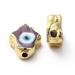 Pourpre Moyen Main mal de perles au chalumeau des yeux, avec bord en laiton plaqué or, plaqué longue durée, Hamsa main, support violet, 15~17x11.5~12.5x5~5.5mm, Trou: 1.8mm