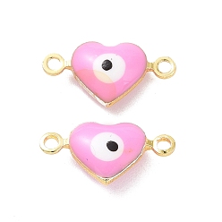 Pink Brass Enamel Connector Charms, Real 18K Gold Plated, Heart with Evil Eye Pattern, Pink, 7x14x3.5mm, Hole: 1.2mm