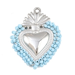 Light Sky Blue 304 Stainless Steel Pendants, with Glass Seed Beads, Sacred Heart Charms, Stainless Steel Color, Light Sky Blue, 38x29x5.5mm, Hole: 2mm