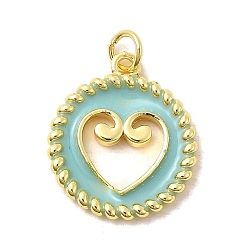 Зеленый Латунь эмаль подвески, плоские круглые подвески с полыми сердечками, без свинца и без кадмия, долговечный, стойки покрытие, реальный 18 k позолоченный, зелёные, 20.5~21x18x2.5 мм, отверстие : 3.4 мм