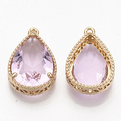 Pearl Pink Faceted Glass Pendants, with Golden Tone Brass Open Back Settings, Teardrop, Pearl Pink, 23x15.5x6.5mm, Hole: 1.5mm