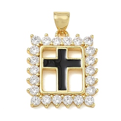 Noir Pendentifs croix religieuse en laiton micro-pavé de zircon cubique transparent, Breloques rectangulaires émaillées, sans plomb et sans cadmium, plaqué longue durée, crémaillère plaquage, réel 18 k plaqué or, noir, 21x18x2.5mm, Trou: 5x3.5mm