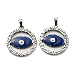 Midnight Blue 304 Stainless Steel Pendants, with Enamel, Flat Round with Evil Eye Charm, Stainless Steel Color, Midnight Blue, 28.5x25.5x3mm, Hole: 5x3.5mm