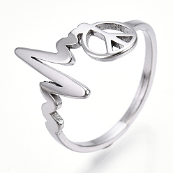 Stainless Steel Color 304 Stainless Steel Heart Bit with Peace Sign Adjustable Ring, Wide Band Ring for Women, Stainless Steel Color, US Size 6 1/4(16.7mm)