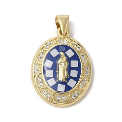 Blue Oval with Virgin Mary Brass Micro Pave Clear Cubic Zirconia Pendants, with Enamel & Shell, Long-Lasting Plated, Lead Free & Cadmium Free, Real 18K Gold Plated, Blue, 22x16x4mm, Hole: 5x3.5mm