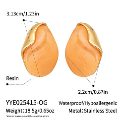 Оранжевый Овальные 304 серьги-гвоздики из нержавеющей стали и смолы, реальный 18 k позолоченный, оранжевые, 31.1x22 мм