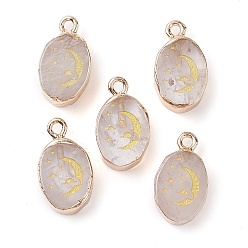 Quartz Crystal Natural Quartz Crystal Pendants, Golden Plated Brass Rock Crystal Oval Charms with Moon, 17.5x10.5x5mm, Hole: 1.6mm