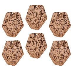 Coconut Brown Acrylic Pendants, 3D Printed, Polygon with Abstract Face Pattern, Coconut Brown, 45x39x2mm, Hole: 1.8mm, 20pcs/box