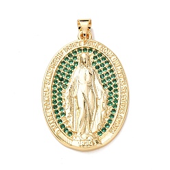 Зеленый Латунные микро проложить кубического циркония подвески, стойки покрытие, долговечный, без свинца и без кадмия, овальные с рисунками " virgin mary", реальный 18 k позолоченный, зелёные, 32.5x22x3 мм, отверстие : 5x4 мм