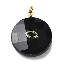Obsidian Natural Obsidian Faceted Pendants, Flat Round Charms, with Rack Plating Golden Tone Brass Micro Pave Cubic Zirconia Findings, Horse Eye, 32.5~33x25~25.5x7~7.5mm, Hole: 4mm