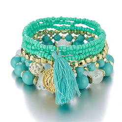 Hulan B0055-13 Multi-layered Pearl Bracelet with Coin Charm and Tassel Detail