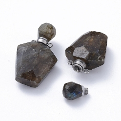 Labradorite Faceted Natural Labradorite Openable Perfume Bottle Pendants, Essential Oil Bottles, with 304 Stainless Steel Findings, Stainless Steel Color, 35.5~37.5x23x13.5mm, Hole: 1.8mm, Capacity: about 2ml(0.06 fl. oz)