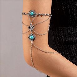 Synthetic Turquoise Antique Silver Alloy Layered Arm Chains, Synthetic Turquoise Upper Arm Bracelet, Inner Diameter: 3 inch(7.5cm)