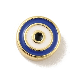 Blue Brass Beads, with Enamel, Cadmium Free & Lead Free, Long-Lasting Plated, Flat Round with Evil Eye, Real 18K Gold Plated , Blue, 10x4mm, Hole: 1.2mm