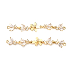 Flower Brass Pave Clear Cubic Zirconia Connector Charms, Real 18K Gold Plated, for Hair Accessories Making, Flower, 57x10x3.5mm, Hole: 1.4mm