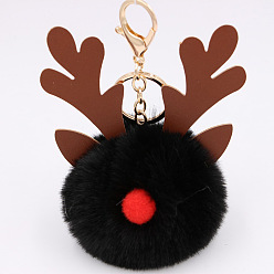 Black Christmas Deer Antler Pom-Pom Keychain with Plush Elk Charm for Women's Handbag Gift
