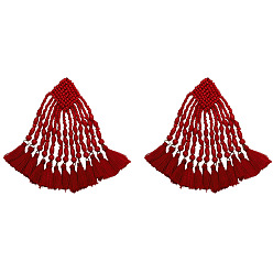 red Bohemian Handmade Beaded Fabric Tassel Earrings with Exaggerated Fringe and European-American Style Jewelry Accessories