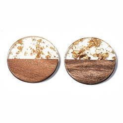 Clear Transparent Resin & Walnut Wood Pendants, with Gold Foil, Two Tone, Flat Round, Clear, 38.5x3.5mm, Hole: 2mm