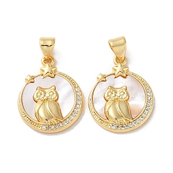 Flat Round Brass Micro Pave Clear Cubic Zirconia Pendants, with Shell, Real 18K Gold Plated, Owl, Flat Round, 20.5x16x3.5mm, Hole: 5.5x3.5mm