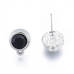 Platinum Rack Plating Alloy Jet Rhinestone Stud Earring Findings, with Horizontal Loop and 304 Stainless Steel Steel Pin, Flat Round, Cadmium Free & Nickel Free & Lead Free, Platinum, 13x10.5mm, Hole: 1.2mm, Pin: 0.6mm