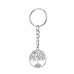 Antique Silver Tibetan Style Alloy Tree of Life Keychains, with Iron Split Key Rings, Antique Silver, 8cm, Pendant: 29x25x1.5mm