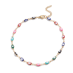Golden 304 Stainless Steel Anklets, with Enamel and Lobster Claw Clasps, Evil Eye, Colorful, Golden, 9-5/8 inch(24.5cm)