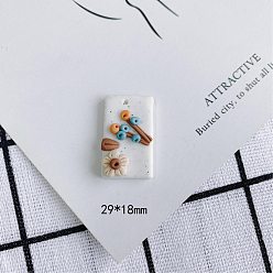White Handmade Polymer Clay Pendants, Rectangle with Flower, White, 29x18mm