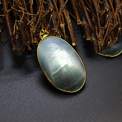Aqua Natural Shell Pendants, Flat Back Oval Charms with Golden Tone Brass Findings, Aqua, 43x25x9mm