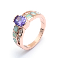 Rose Gold Cubic Zirconia Finger Rings, with Synthetic Opal and Brass Findings, Long-Lasting Plated, Oval, Size 7, Mauve, Rose Gold, 17.5mm