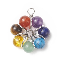 Platinum 7 Chakrs Gemstone Copper Wire Wrapped Pendants, Flower Charms with Mixed Stone, Platinum, 32.5x28x10mm, Hole: 4mm