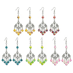 Mixed Color Alloy Flower Chandelier Earrings, Synthetic Turquoise Round Beaded Long Drop Earrings for Women, Mixed Color, 94.5x29mm