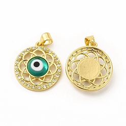 Dark Cyan Rack Plating Brass Micro Pave Clear Cubic Zirconia Pendants, with Handmade Evil Eye Lampwork, Cadmium Free & Lead Free, Long-Lasting Real 18K Gold Plated, Flat Round with Flower Charm, Dark Cyan, 21.5x19x4.5mm, Hole: 4.5x3.5mm
