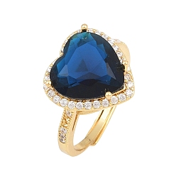 Dark Blue Heart Brass Micro Pave Cubic Zirconia Cuff Open Rings for Women, with Glass, Cadmium Free & Lead Free, Rack Plating, Real 18K Gold Plated, Dark Blue, 18mm
