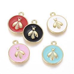 Mixed Color Golden Plated Brass Enamel Pendants, Flat Round with Bee, Mixed Color, 16x13x2mm, Hole: 1.6mm