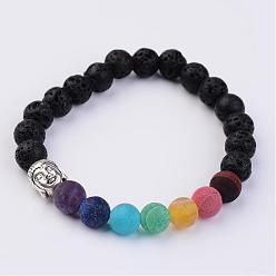 Lava Rock Natural Lava Rock & Gemstone Stretch Beads Bracelets, with Alloy Buddha Head, Antique Silver, 2-1/8 inch(53mm)