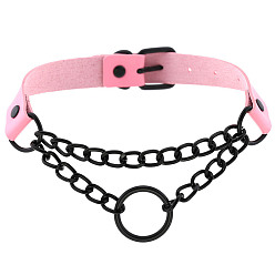 (Black circle) pink Dark Punk Leather Collar Necklace with Round Rings and Chain for Street Style