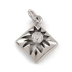 Платина Латунные микропаве прозрачные подвески с фианитом, ромбовидный шарм, с целью перехода в кольце, стойки покрытие, долговечный, без свинца и без кадмия, платина, 15.5x13x3.5 мм, отверстие : 3 мм