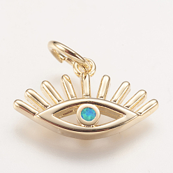 Blue Brass Pendants, with Synthetic Opal, Eye, Golden, Blue, 11x17.5x2mm, Hole: 4mm