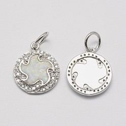 Real Platinum Plated Brass Cubic Zirconia Charms, with Synthetic Opal, Flat Round, Cadmium Free & Lead Free, Real Platinum Plated, 16x13.5x2mm, Hole: 4.5mm