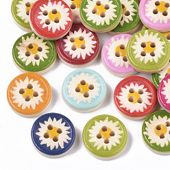 Mixed Color 4-Hole Printed Natural Wood Buttons, Flat Round, Mixed Color, 13x4mm, Hole: 1.6mm