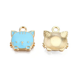 Светло-Синий Экологически чистые подвески из цинкового сплава, с эмалью, форма кошки, без кадмия, без никеля и без свинца, золотые, голубой, 15x13x3 мм, отверстие : 2 мм