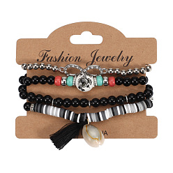 HY-2826-B Black Bohemian Multi-layer Shell Bracelet with Diamond Inlaid 8-shaped Hand Chain for Women