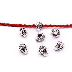 Antique Silver Halloween Theme Tibetan Style Alloy Beads, Large Hole Beads, Skull, Antique Silver, 11x8x8mm, Hole: 4.5mm, 100pcs/bag