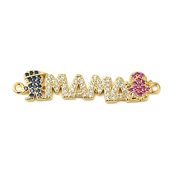 Real 18K Gold Plated Rack Plating Brass Micro Pave Colorful Cubic Zirconia Connector Charms, Word MAMA Links, Mother's Day, Long-Lasting Plated, Lead Free & Cadmium Free, Real 18K Gold Plated, 35x8x2mm, Hole: 1.2mm