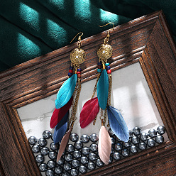 Colorful Feather Tassel Dangle Earrings, Bohemia Style Long Drop Earrings for Women, Colorful, 60x17mm