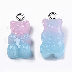 Sky Blue Opaque Resin Pendants, with Platinum Plated Iron Loop and Glitter Powder, Imitation Jelly, Two Tone, Bear, Sky Blue, 21~22x11x7~8mm, Hole: 2mm