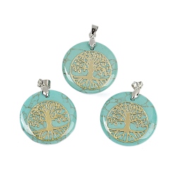 Синтетическая Бирюза Синтетический бирюзовые плоские круглые подвески, подвески в виде дерева жизни с платиновым покрытием, латунные, с застежкой на дужке, без кадмия и без свинца, 30.5~32x25~25.5x6.5~7.5 мм, отверстие : 4.5x3.5 мм