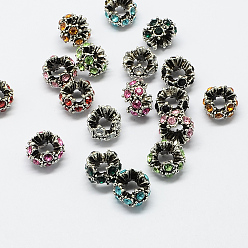 Mixed Color Alloy Rhinestone European Beads, Flower Large Hole Beads, Antique Silver, Mixed Color, 12x8mm, Hole: 5mm